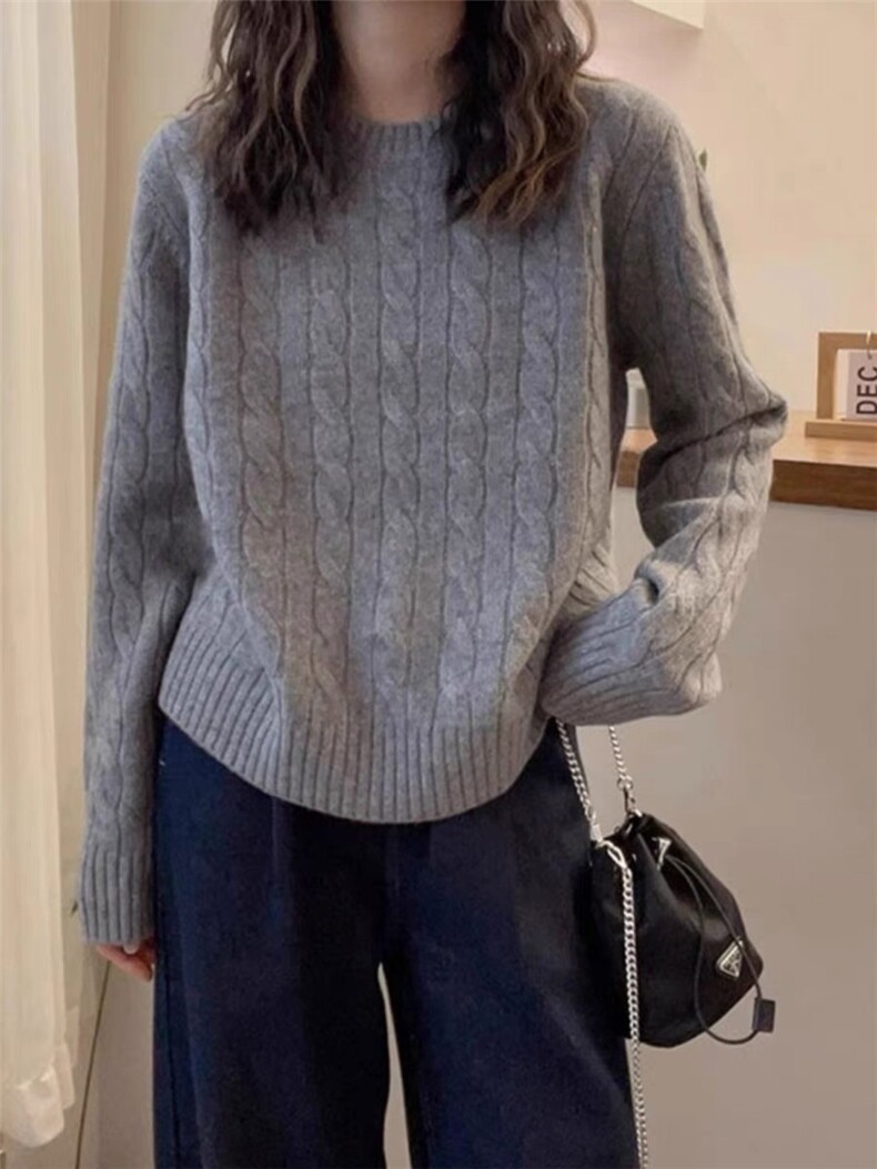 欧货麻花加厚圆领羊绒针织衫女秋冬宽松显瘦正肩毛衣打底羊毛衫,针织衫/毛衣,思途羊绒