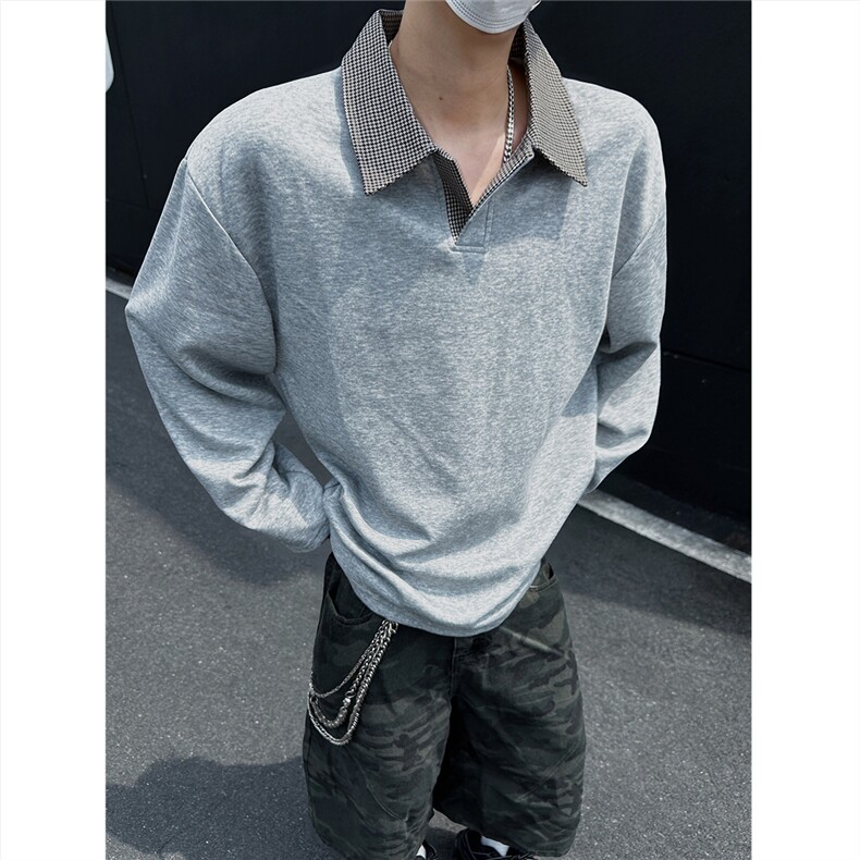 模特千鸟格翻领polo衫老钱风卫衣外套W988/特P28灰色8,男装Polo衫,电商A094
