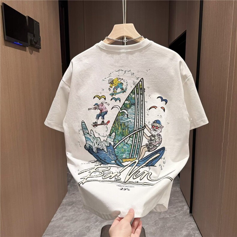 潮流时尚百搭帆船漫画卡通男士发泡刺绣印花短袖T恤休闲宽松半袖,男装T恤,电商B212（原钱塘6029）