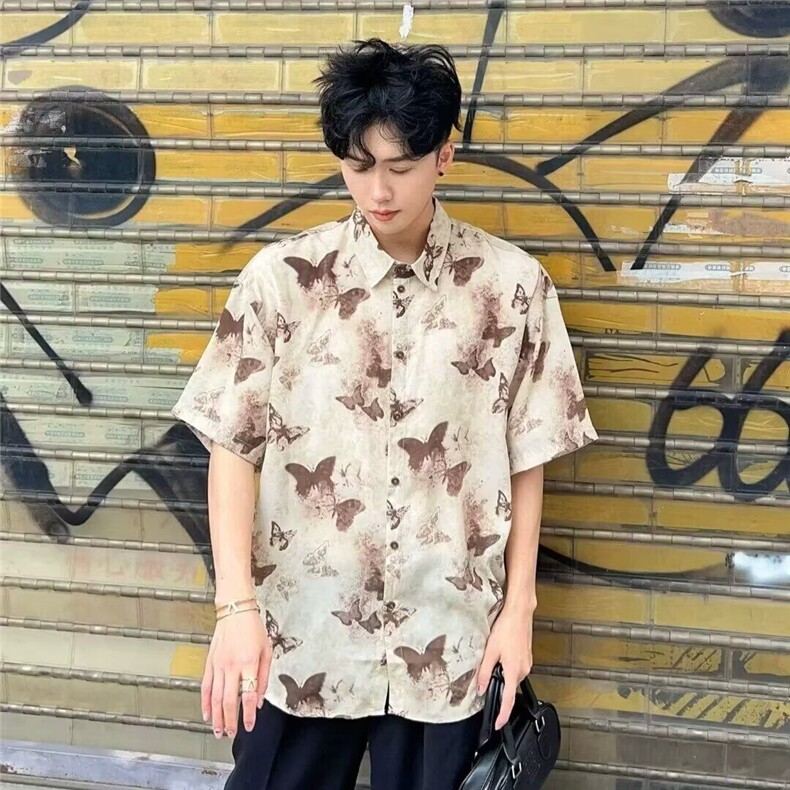 Q133/P34夏季潮牌蝴蝶满印短袖衬衫男女宽松情侣休闲半袖衬衣，男装衬衫，星座1506