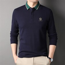 高端刺绣中年男士长袖秋季新款polo衫男装商务休闲宽松翻领T恤潮，男装T恤，电商B212（原钱塘6029）
