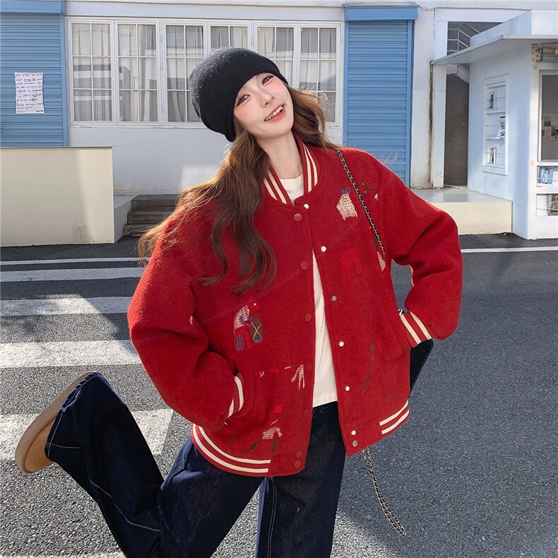 2025红色休闲韩系条纹棒球服外套女毛绒绒冬季羽绒服保暖上衣新款,女装羽绒服,艾米莉亚