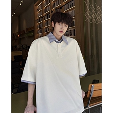 8XL-M假两件衬衫领短袖T恤大码夏季条纹拼接polo衫半袖DX1211/P45，男装Polo衫，电商B238