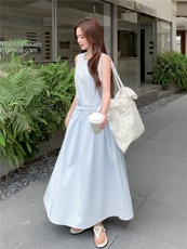 《现货26夏上新》清新蓝色宽松休闲遮肉遮胯无袖连衣裙女，女装连衣裙，苗苗