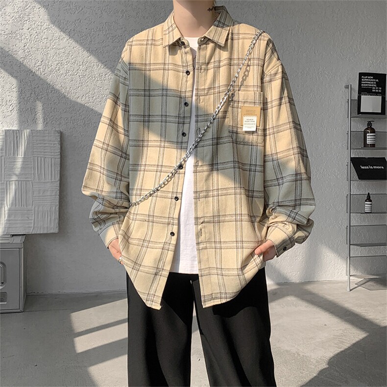 衬衫男春季新款港风磨毛宽松长袖格子衬衣CS521-P38，男装衬衫，星座214-3