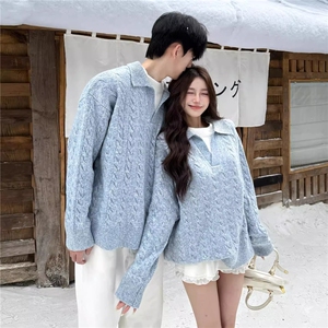 JY550-P61 情侣装翻领麻花毛衣男女秋慵懒宽松休闲假两件针织衫图片