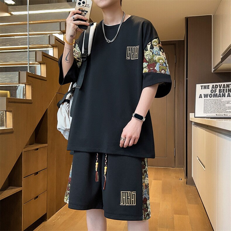 运动套装薄款短裤夏季刺绣T恤两件套男拼接休闲A266-TZ8807-P47,男装休闲套装,电商A266