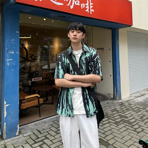 CS506～批35控49有货（自家图）黑白水墨花痞帅衬衫男生短袖夏季图片