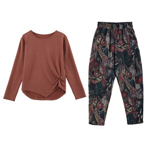 2025春装休闲套头针织长袖花色修身长裤套装套裤，女装套装/套裙，施恩睿棋