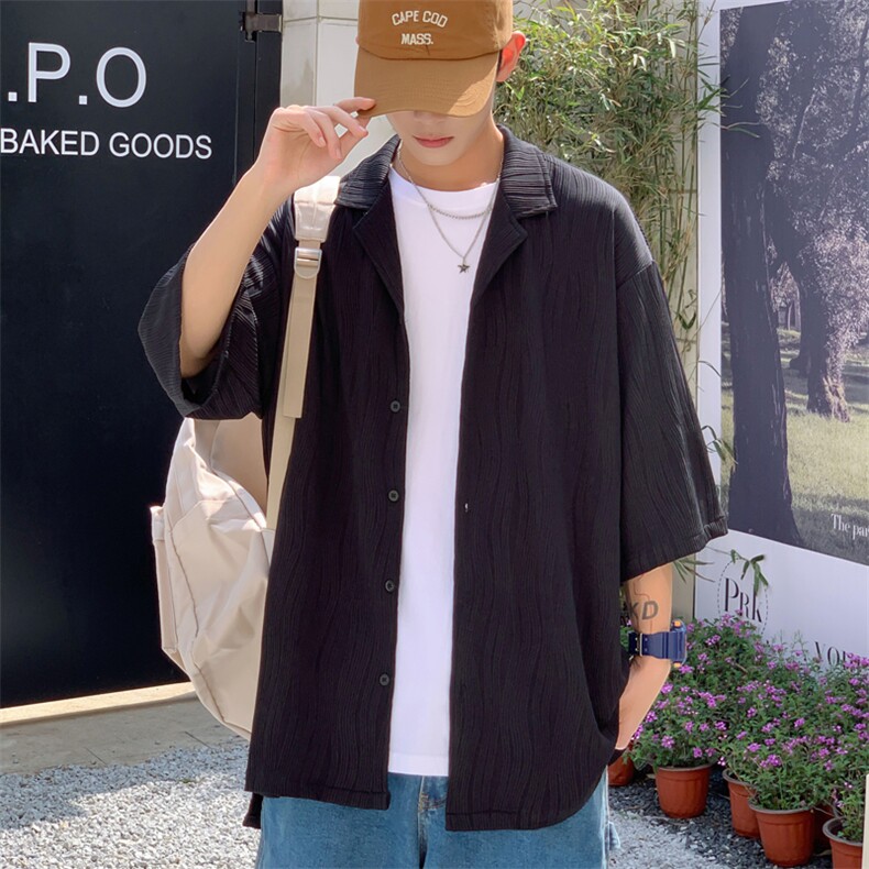 C6057/P45港风高品质玻璃冰丝垂感短袖衬衣男装宽松衬衫上衣控68,男装衬衫,电商A141