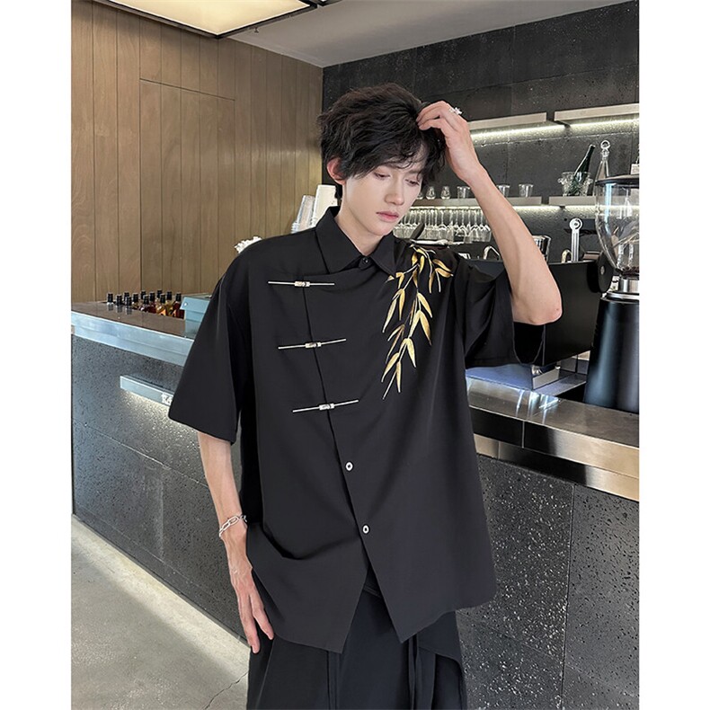 现货！25新中式男士设计感竹叶手工盘扣短袖衬衫CS132-p78,男装T恤,电商B288