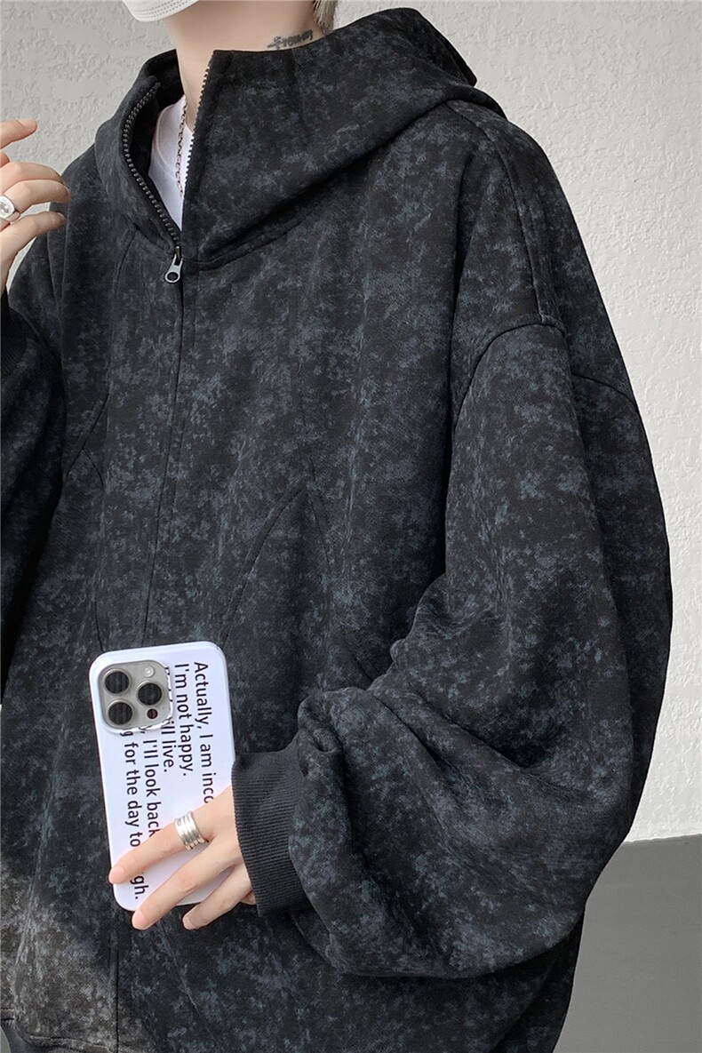 特批扎染连帽开衫卫衣男美式重磅解构拼接脏脏拉链外套KS007-TP68,女装短外套,电商B312