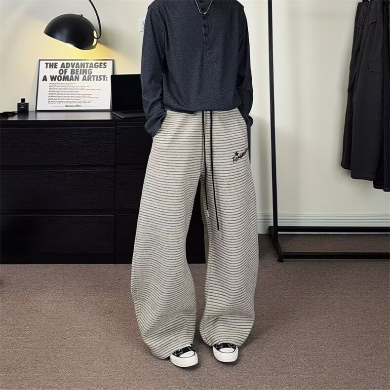 阔腿裤女春秋2025新款垂感宽松bf慵懒黑白斜条纹休闲直筒运动裤潮，女装休闲裤，星座506A