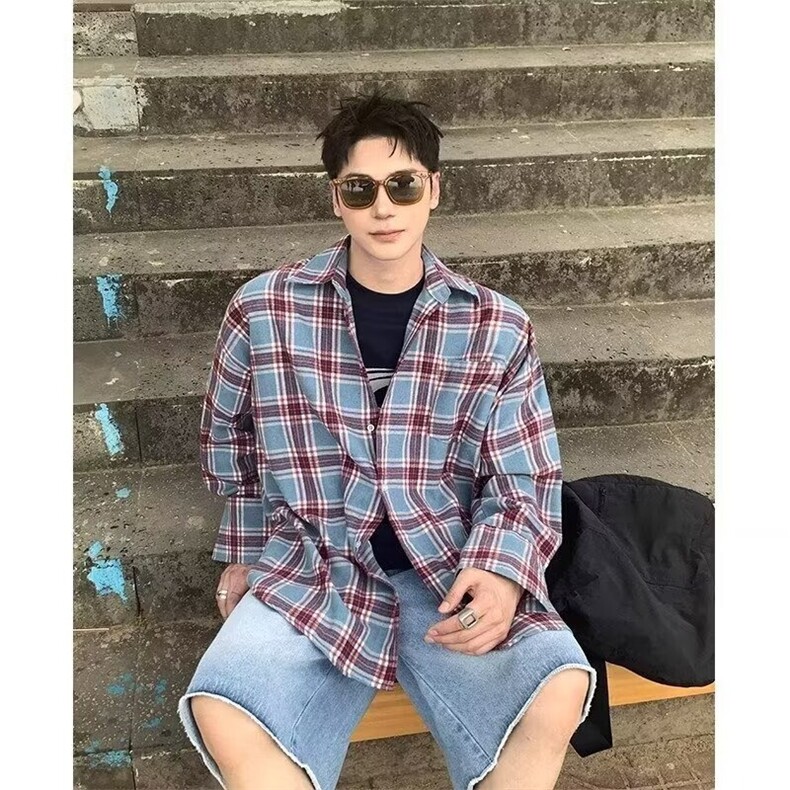 格子衬衫男女早春季上衣设计感小众高级感法式别致长袖衬衣,男装衬衫,星座410-6（原星座1304-1）
