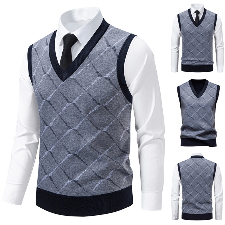秋冬季加绒休闲爸爸装格子马甲套头宽松中老年款坎肩毛衣背心M30，男装针织衫/毛衣，星座1706