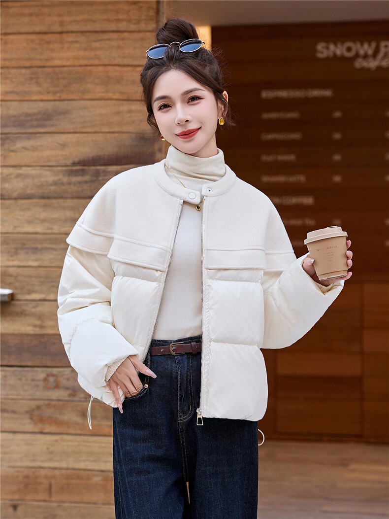 设计感气质毛呢拼接羽绒服女2025冬季新款短款外套减龄,女装羽绒服,玖莱伊