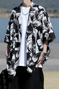 8XL-M 冰丝凉感衬衣垂感透气复古花纹宽松男五分袖短袖衬衫CS526图片