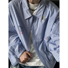 UNLG美式复古格子外套男秋季宽松休闲设计感翻领小众蓝格纹夹克潮，男装衬衫，星座715-4