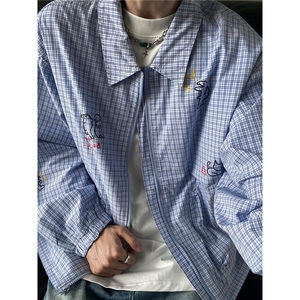 UNLG美式复古格子外套男秋季宽松休闲设计感翻领小众蓝格纹夹克潮图片
