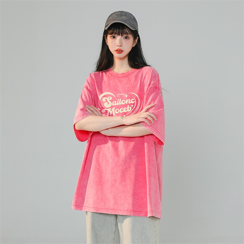 230G水洗做旧蜡染夏季短袖潮流印花T恤2024新款夏装女装类目,女装T恤,电商C306-1