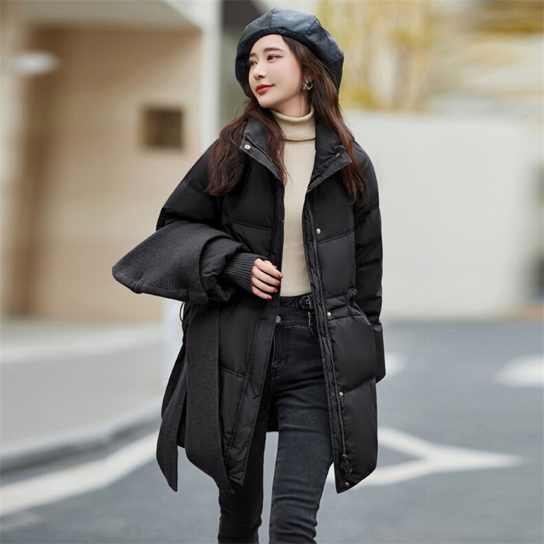 2024冬季新款可脱卸针织连帽围巾时尚简约中长款羽绒服,女装羽绒服,深水步