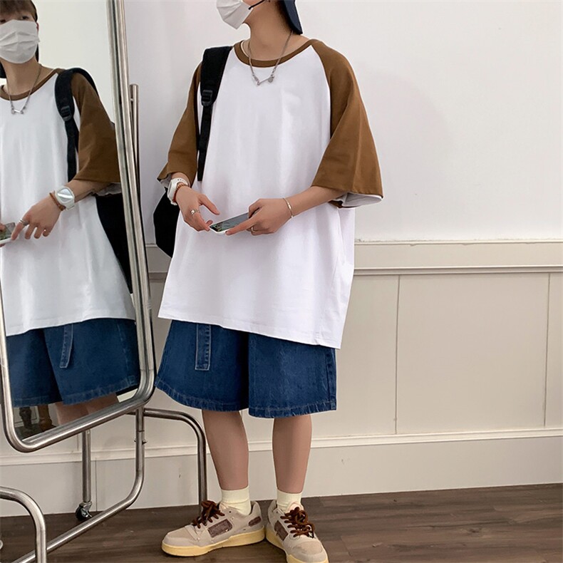 夏季主推拼接落肩港风大码宽松情侣休闲学生班服T恤圆领重磅260图片