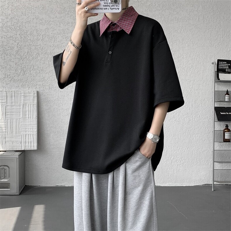 8XL-M格纹拼接假两件短袖t恤大码美式重磅polo翻领半袖DX1218/P48图片