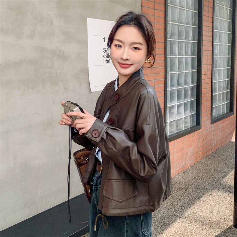 大量现货2024春季女装机车时尚立领短款皮衣浙宝013,女装皮衣,莘蕾