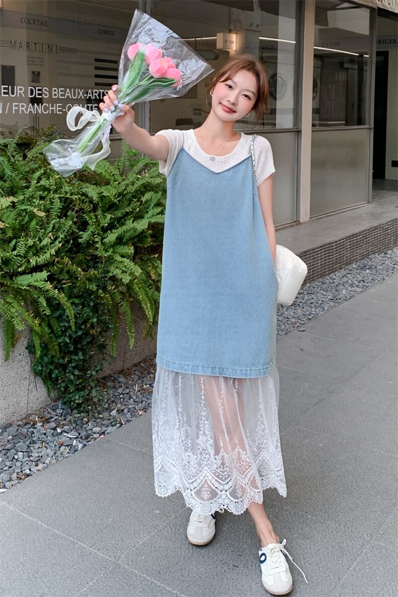 蕾丝网纱拼接牛仔吊带连衣裙套装女2025夏季新款设计感T恤两件套,女装连衣裙,浙宝069
