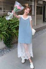 蕾丝网纱拼接牛仔吊带连衣裙套装女2025夏季新款设计感T恤两件套，女装连衣裙，浙宝069