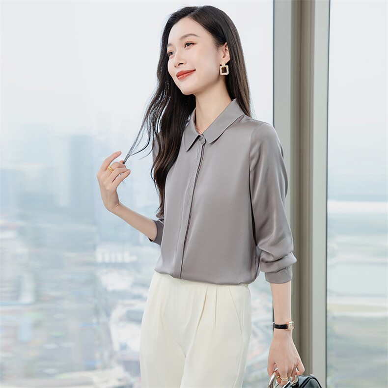 纯色绣花真丝衬衫女长袖宽松2026春季妈妈纯色衬衣显瘦真丝上衣,女装衬衫,阿舍尔精品