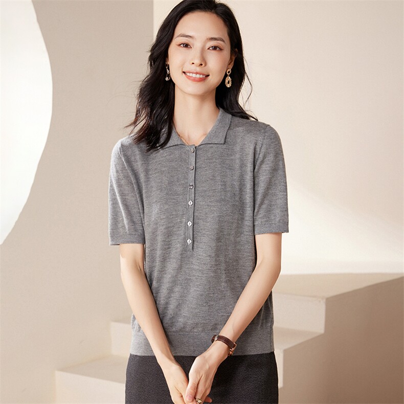 夏季新款Polo领精纺针织短袖女宽松纯色多扣T恤上衣,女装羊绒衫,江帆羊绒