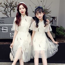 2023夏季新款旗袍改良版刺绣网纱亲子连衣裙，女装连衣裙，安之芮娜