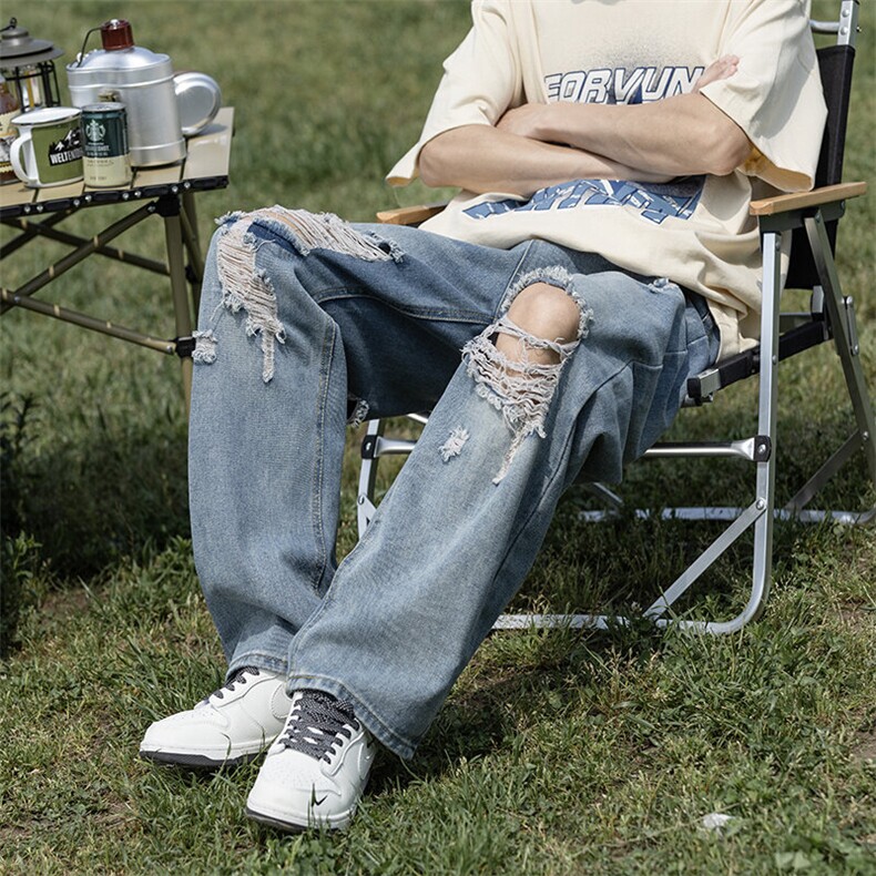 美式街头Vibe破洞毛边直筒显瘦牛仔裤男痞帅设计感做旧裤子微喇裤,男装牛仔裤,星座410-7