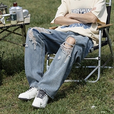 美式街头Vibe破洞毛边直筒显瘦牛仔裤男痞帅设计感做旧裤子微喇裤，男装牛仔裤，星座410-7