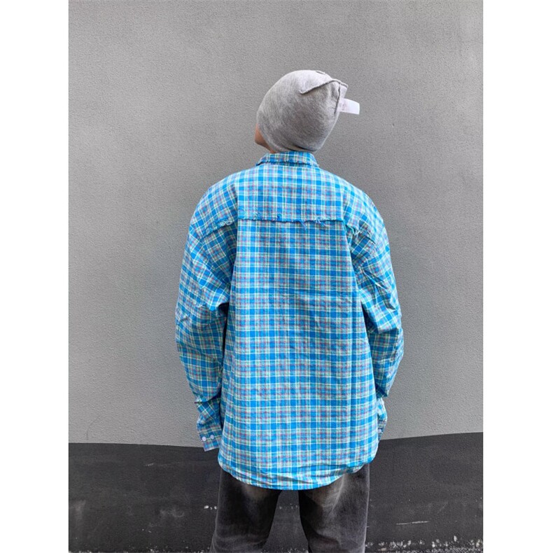 2025美式高街复古薄荷绿格子设计长袖衬衫男女宽松休闲百搭衬衣潮,男装衬衫,星座506A