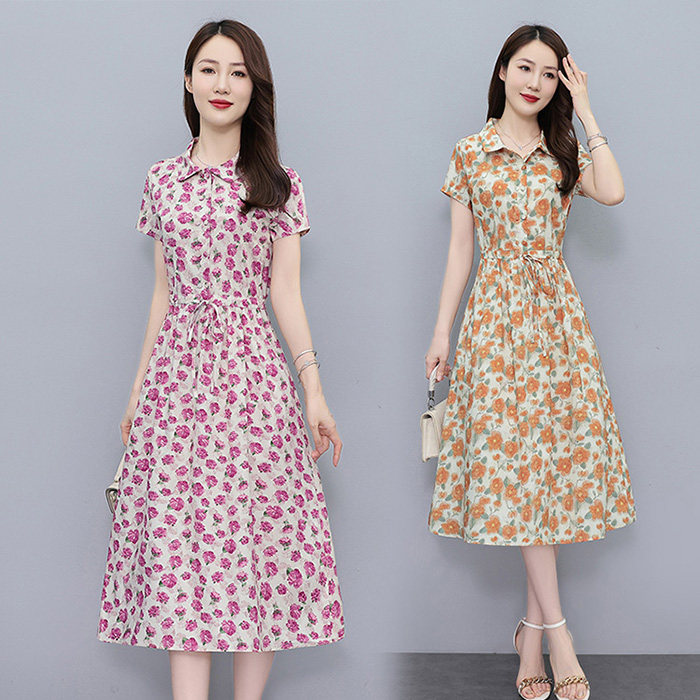 减龄碎花纯棉短袖连衣裙女2024夏季新款收腰显瘦中长款印花衬衫裙，女装短裤/热裤，鑫思依格