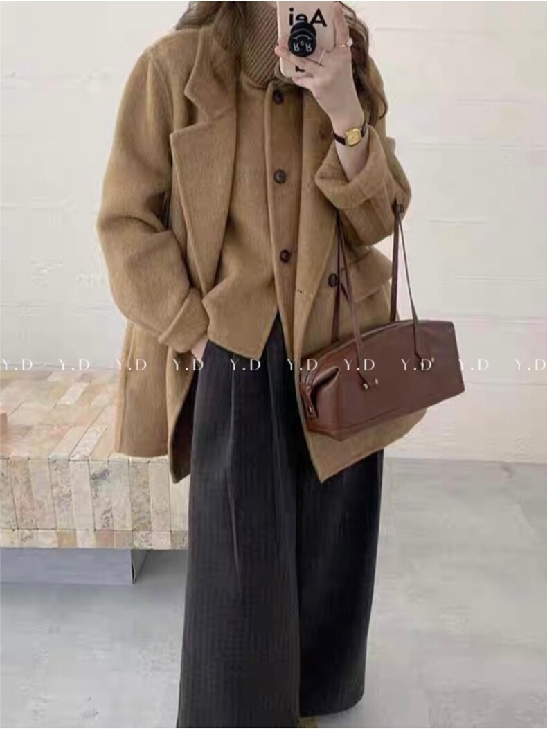 冬上新！【依嘟】羊毛外套+马甲两件套秋冬新款小个子宽松休闲套，女装双面呢大衣，依嘟服饰