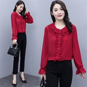 2021春季新款简约优雅气质娃娃领舒适气质小衫,女装蕾丝衫/雪纺衫,婷思杰（原婷想服饰）