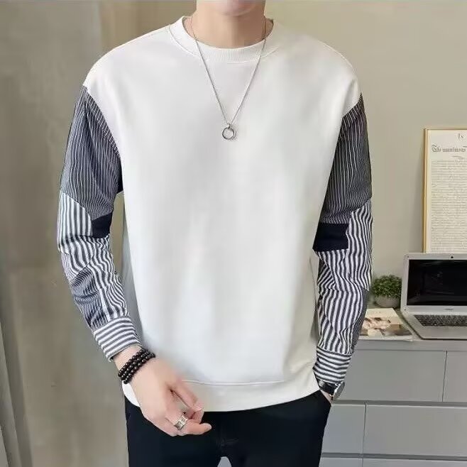 25港风拼接卫衣男春秋新款帅气圆领条纹衬衫袖上衣青年休闲打底衫,男装T恤,星座506A