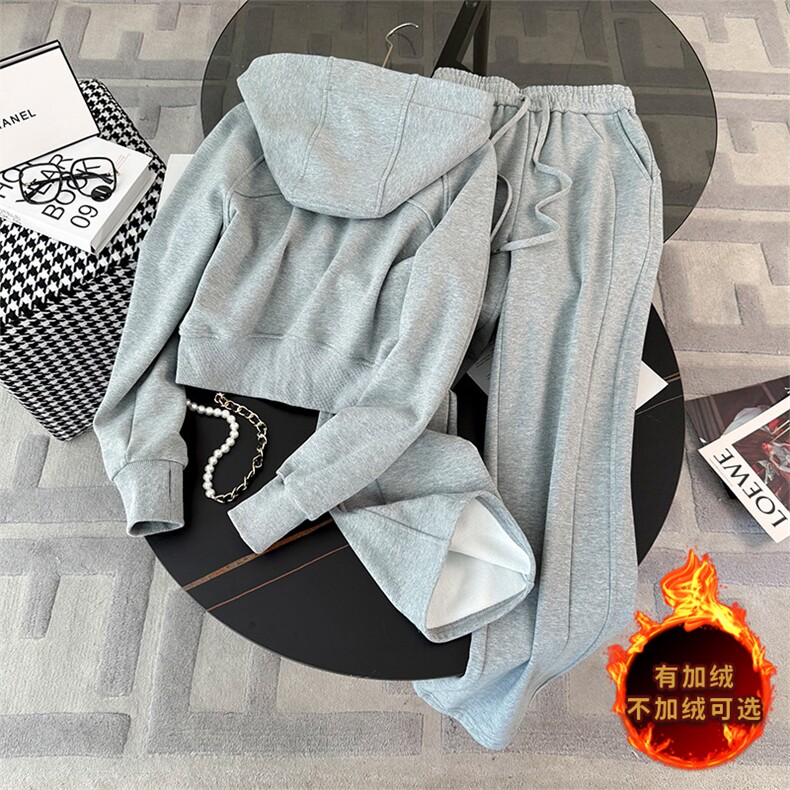 时尚加绒保暖纯色外套+阔腿裤套装显瘦百搭休闲两件套,女装套装/套裙,江南