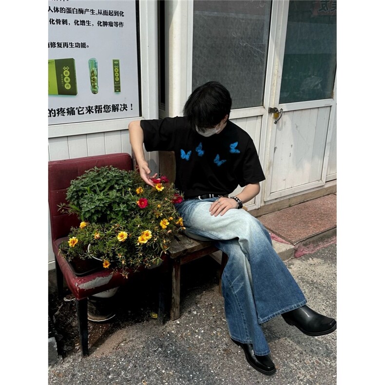 RTID暗黑系蝴蝶印花短款短袖小众OS宽松欧美boxy纯棉T恤,男装T恤,星座506A