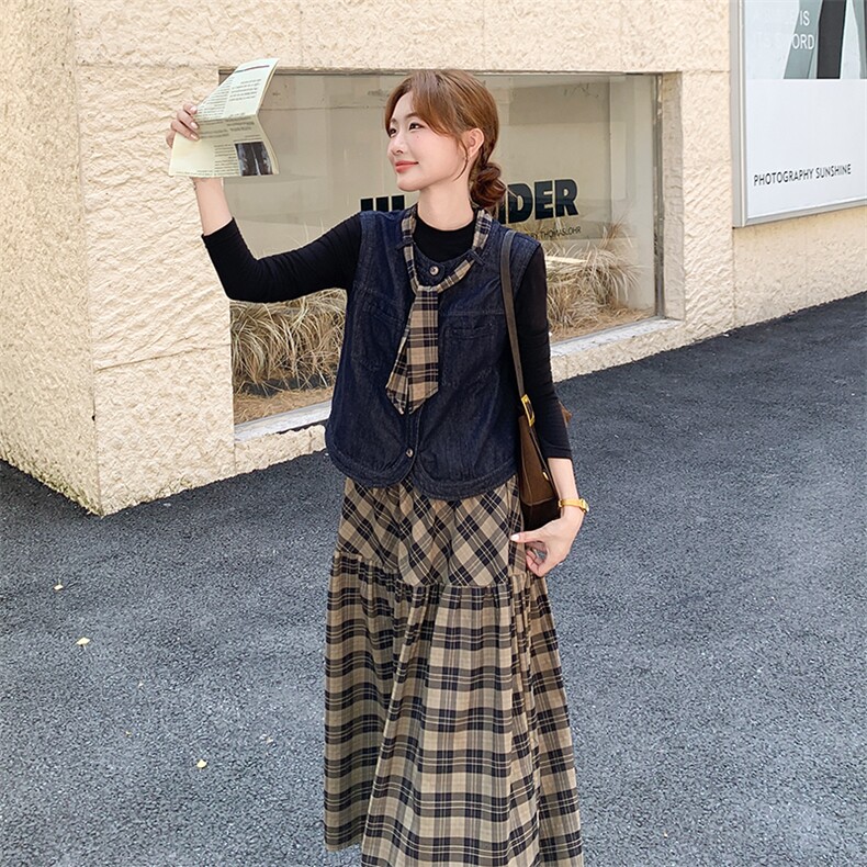 新款牛仔马甲格子半裙套装746-P165-K238,女装套装/套裙,2C108