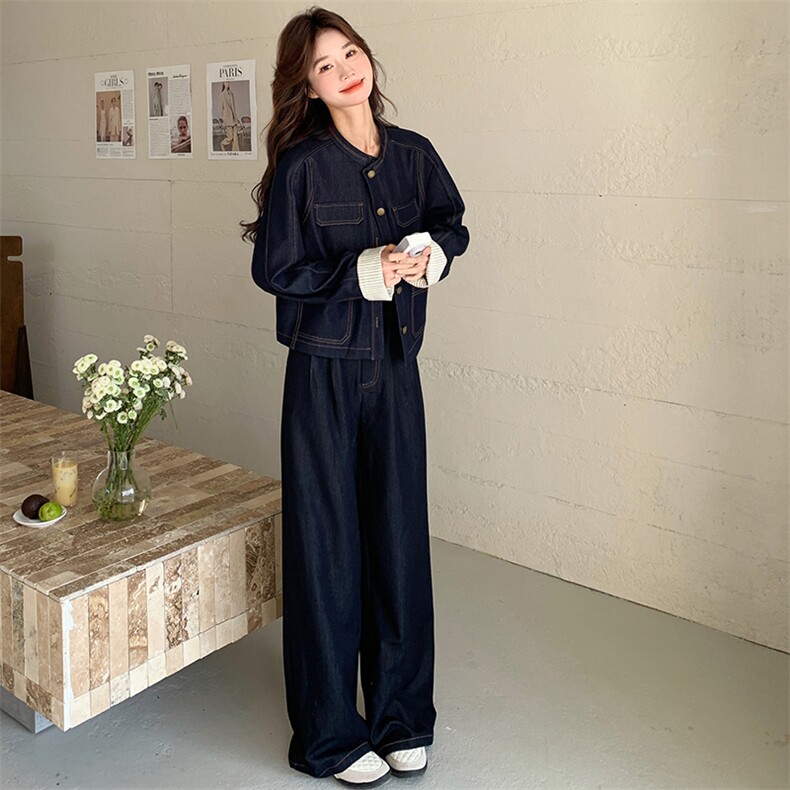 条纹拼接牛仔套装女春秋流行超火韩系ootd两件套老钱风独特超好看,女装套装/套裙,2D041