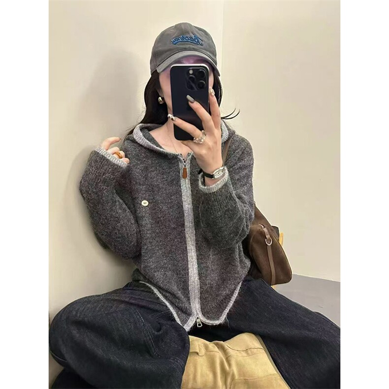毛衣女极简风高领针织开衫女秋冬宽松大码毛衣外套短款上衣,针织衫/毛衣,暖姿羊绒