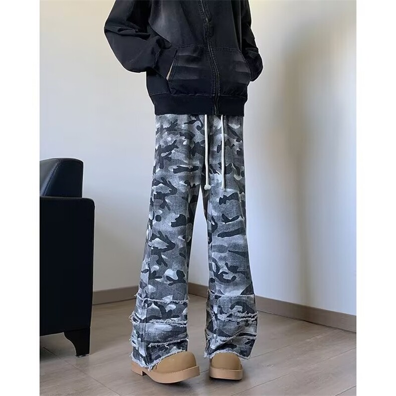 复古迷彩脏染伞兵破坏裤脚休闲裤男女堆叠嘻哈伐木长裤N7012/P54,男装休闲裤,星座506