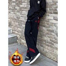 斜杠三条纹红黑撞色拼接休闲长裤加绒加厚直筒牛仔裤K8003P48网图，男装牛仔裤，电商B245