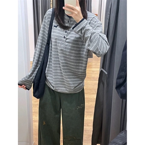 网图有货品质美式灰色亨利领条纹长袖宽松上衣T恤男女A941-P45