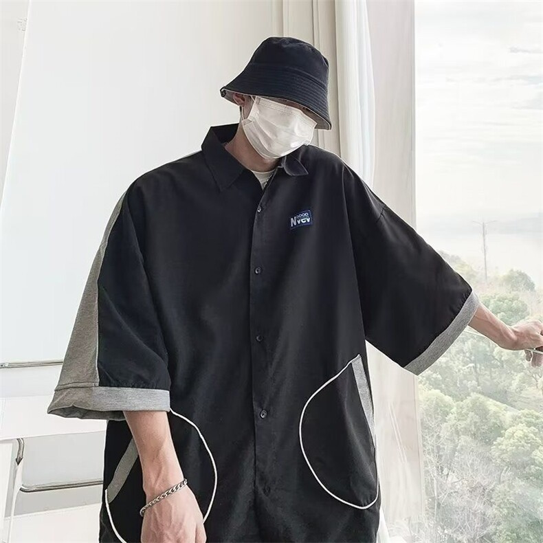 W491-P36日系复古短袖衬衫男夏季新款设计感潮流休闲半袖衬衣,男装T恤,星座911-1