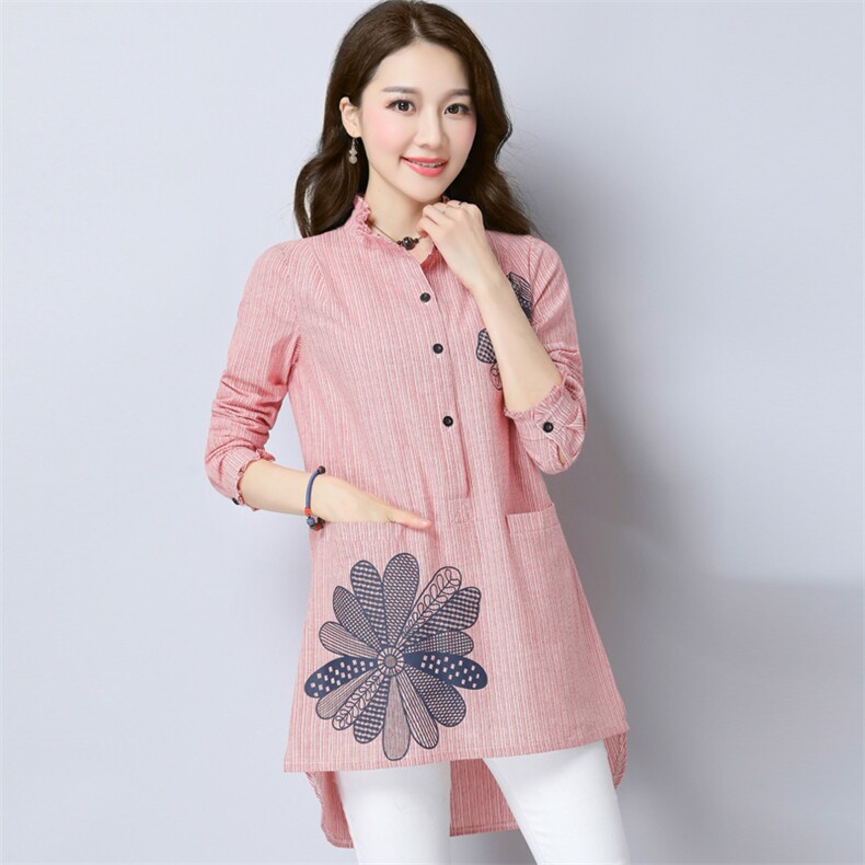印花 口袋 纽扣 修身 中长款 长袖 三粒扣 娃娃领 通勤 衬衫 2021年秋季 潮流图片